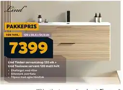 Megaflis Lind Timber servantskap 120 eik + Lind Toulouse servant 120 matt hvit, NOK 7399 tilbud