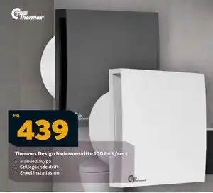 Megaflis Thermex Design baderomsvifte 100 hvit/sort, NOK 439 tilbud