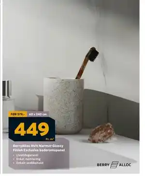Megaflis BerryAlloc Hvit Marmor Glossy Finish Exclusive baderomspanel, NOK 449 tilbud
