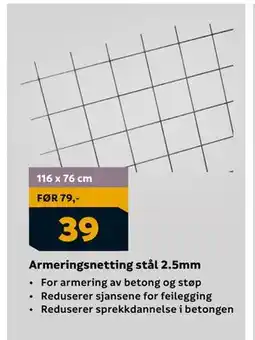 Megaflis Armeringsnetting stål 2.5mm, NOK 39 tilbud