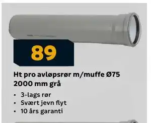 Megaflis Ht pro avløpsrør m/muffe Ø75 2000 mm grå, NOK 89 tilbud