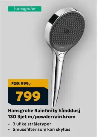 Megaflis HANSGROHE Rainfinity hånddusj 130 3jet m/powderrain krom tilbud