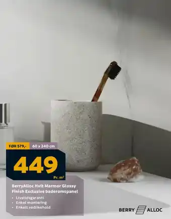 Megaflis BerryAlloc Hvit Marmor Glossy Finish Exclusive baderomspanel tilbud