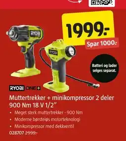 Jula Muttertrekker + minikompressor 2 deler 900 Nm 18 V 1/2”, NOK 1999 tilbud