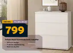 Megaflis Tvilum Nova kommode hvit 3 skuffer tilbud