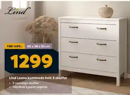 Megaflis Lind Leona kommode hvit 3 skuffer tilbud