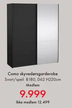 Fagmøbler Como skyvedørsgarderobe, NOK 12499, Medlemspris tilbud