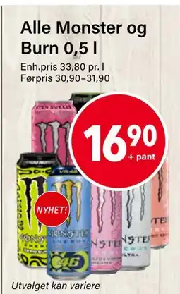 Nærbutikken Alle Monster og Burn 0,5 l, NOK 16.9 tilbud