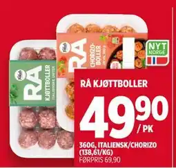 Meny RÅ KJØTTBOLLER, NOK 49.9 tilbud
