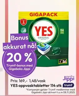 Gigaboks YES oppvasktabletter 114 stk, NOK 169 tilbud