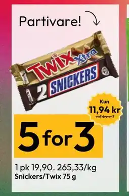 Gigaboks Snickers/Twix 75 g, NOK 11.94 tilbud