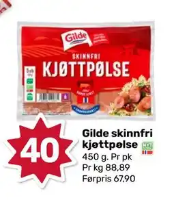 Matkroken Gilde skinnfri kjøttpølse, NOK 40 tilbud