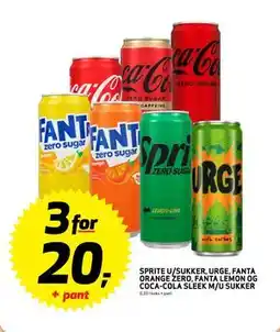 Bunnpris SPRITE U/SUKKER, URGE, FANTA ORANGE ZERO, FANTA LEMON OG COCA-COLA SLEEK M/U SUKKER, NOK 20 tilbud