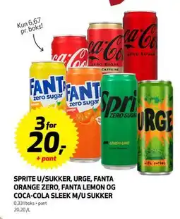 Bunnpris Sprite U/Sukker, Urge, Fanta Orange Zero, Fanta Lemon og Coca-Cola Sleek M/U Sukker, NOK 20 tilbud