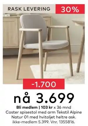 Skeidar Coster spisestol med arm, NOK 5399, Medlemspris tilbud
