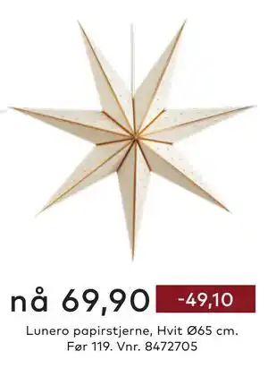 Skeidar Lunero papirstjerne,, NOK 69.9 tilbud