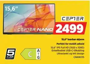 POWER 15,6 bærbar skjerm, NOK 2499 tilbud