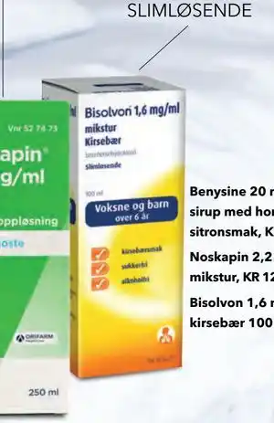 Apotek 1 Bisolvon 1,6 mg/ml mikstur Kirsebær, NOK 144.9 tilbud