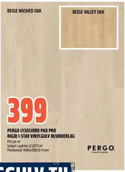 Obs Bygg Pergo lysefjord pad pro rigid 1-stav vinylgulv m/underlag tilbud