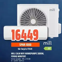 Obs Bygg Mill calm wifi varmepumpe 3800w, ferdig montert tilbud
