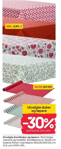Rusta Utvalgte bordduker og løpere tilbud