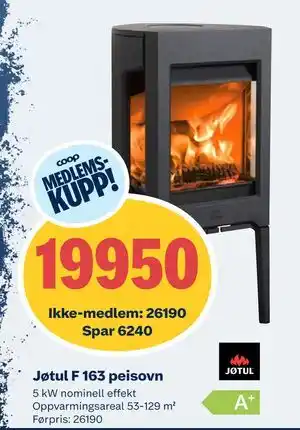 Obs Bygg Jøtul F 163 peisovn, NOK 26190, Medlemspris tilbud