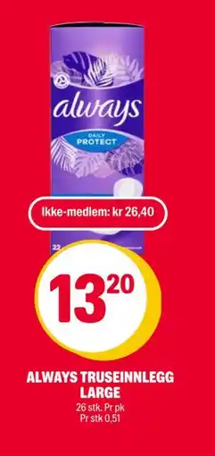 Coop Extra ALWAYS TRUSEINNLEGG LARGE, NOK 26.4, Medlemspris tilbud