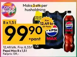 Gigaboks Pepsi Max 8 x 1,5 l., NOK 99 tilbud
