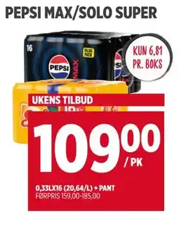 Meny PEPSI MAX/SOLO SUPER, NOK 109 tilbud