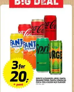 Bunnpris SPRITE U/SUKKER, URGE, FANTA ORANGE ZERO, FANTA LEMON OG COCA-COLA SLEEK M/U SUKKER, NOK 20 tilbud