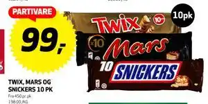 TWIX, MARS OG SNICKERS 10 PK, NOK 99