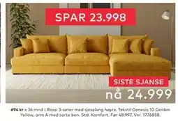 Skeidar Rossi 3-seter med sjeselong høyre, NOK 24999 tilbud