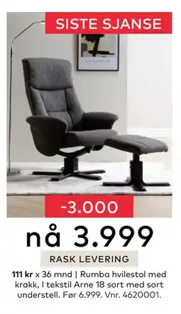 Skeidar Rumba hvilestol, NOK 3999 tilbud