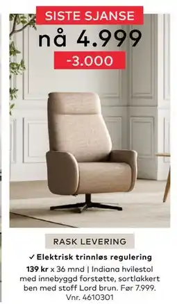 Skeidar Indiana hvilestol med innebyggd forstøtte, NOK 4999 tilbud