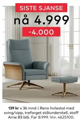 Skeidar Reno hvilestol med sving/vipp, NOK 4999 tilbud