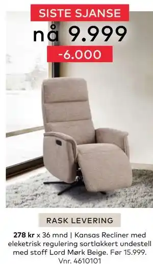 Skeidar Kansas Recliner med eleketrisk, NOK 9999 tilbud