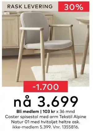 Skeidar Coster spisestol med arm, NOK 5399, Medlemspris tilbud