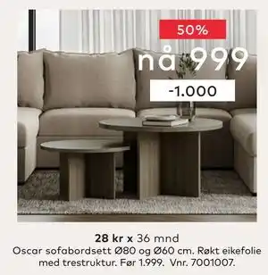 Skeidar Oscar sofabordsett Ø80 og Ø60 cm, NOK 999 tilbud