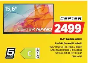 POWER 15,6 bærbar skjerm, NOK 2499 tilbud