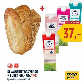 Coop Prix Et valgfritt grovbrød + 1 liter melk fra tine tilbud