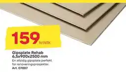 Byggmax Gipsplate Rehab 6,5x900x2500 mm, NOK 159 tilbud