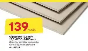 Byggmax Gipsplate 12,5 mm 12,5x1200x2400 mm, NOK 139 tilbud