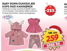 Extra Leker BABY BORN DUKKEKLÆR KÅPE MED KANINØRER, NOK 259 tilbud