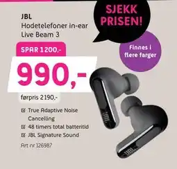ELON JBL Hodetelefoner in-ear Live Beam 3, NOK 990 tilbud