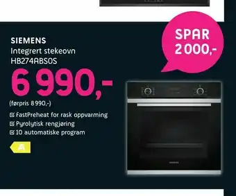 ELON Siemens Integrert stekeovn. HB274ABS0S tilbud