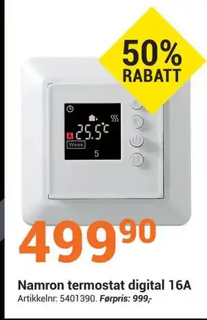 Elektroimportøren Namron termostat digital 16A, NOK 499.9 tilbud