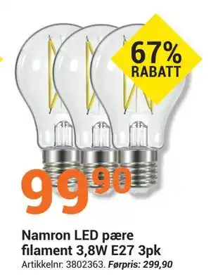 Elektroimportøren Namron LED pære filament 3,8W E27 3pk, NOK 99.9 tilbud