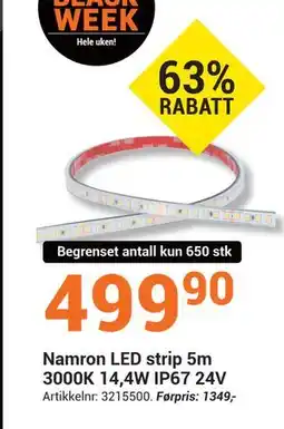 Elektroimportøren Namron LED strip 5m 3000K 14,4W IP67 24V, NOK 499.9 tilbud
