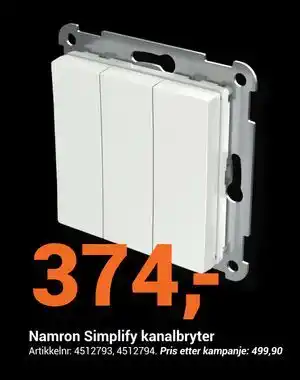 Elektroimportøren Namron Simplify kanalbryter, NOK 374 tilbud
