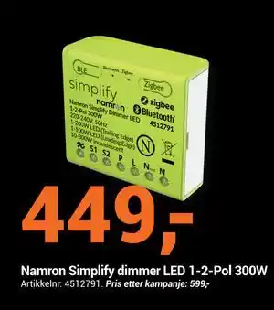 Elektroimportøren Namron Simplify dimmer LED 1-2-Pol 300W, NOK 449 tilbud